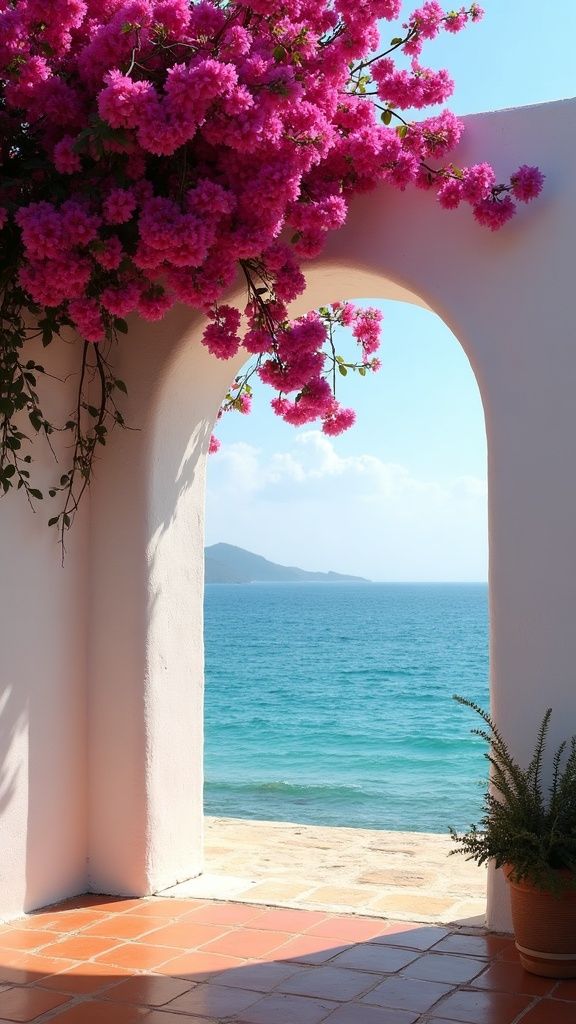 Boog vol bougainvillea boven een zandpad naar het verblijf